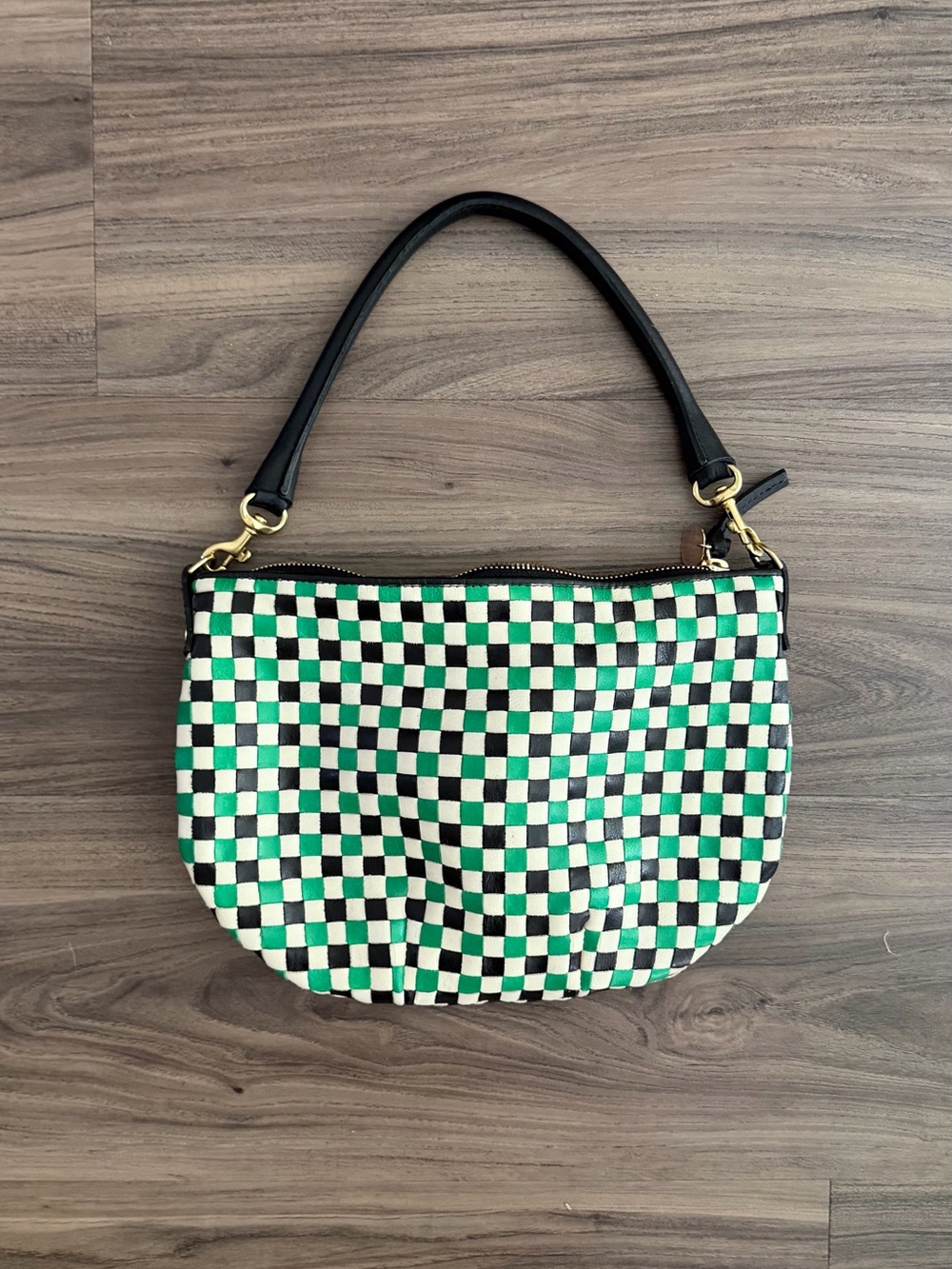 Clare V. Petit Moyen Checkerboard Green and White Shoulder Bag with Black Strap